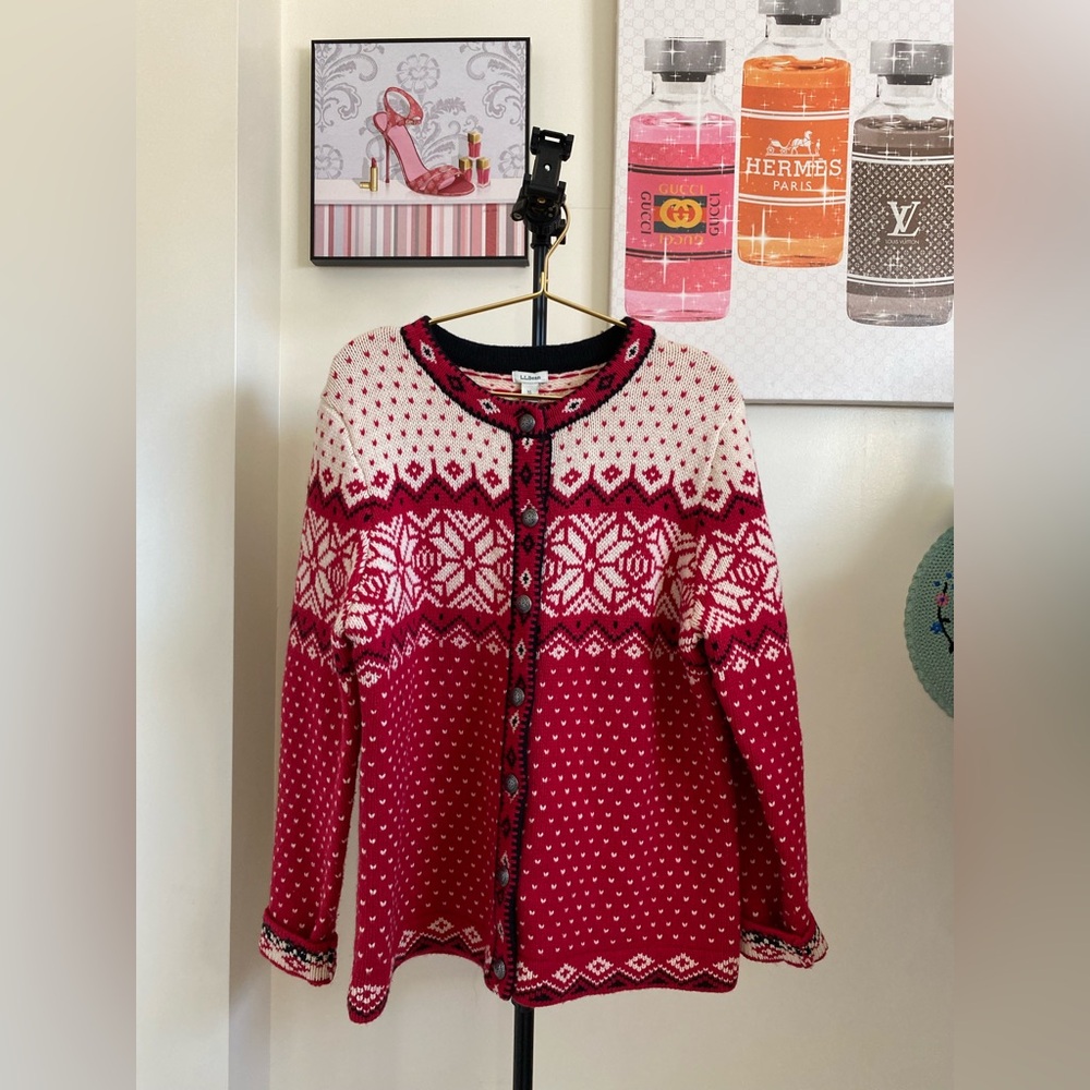 L.L. Bean Red and Cream Nordic Button-Up Cardigan
